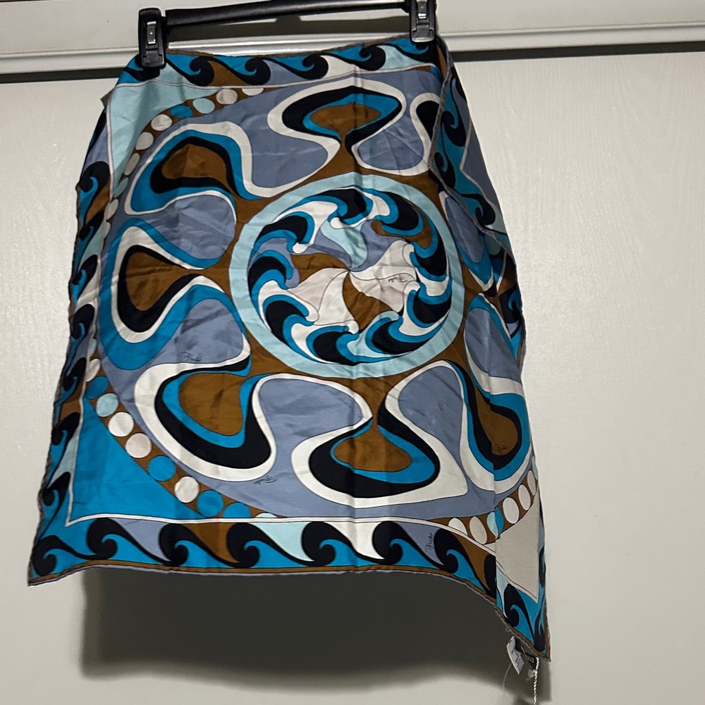 🆕Emilio Pucci Blue, Turquoise & Brown Swirl Print Silk Scarf - Picture 13 of 16